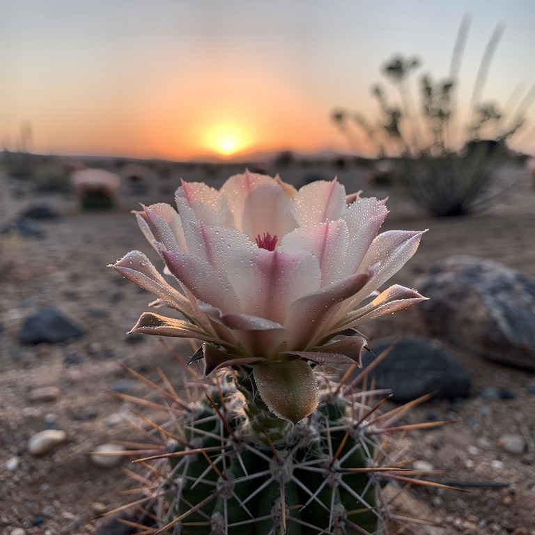 A blooming cactus in a desert landscape at sunrise, represen... | ShopAyahuascaRetreats