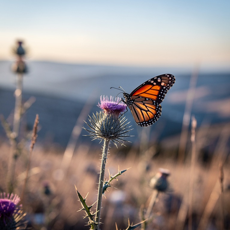 A cautious monarch butterfly perched on a delicate, barbed t... | ShopAyahuascaRetreats