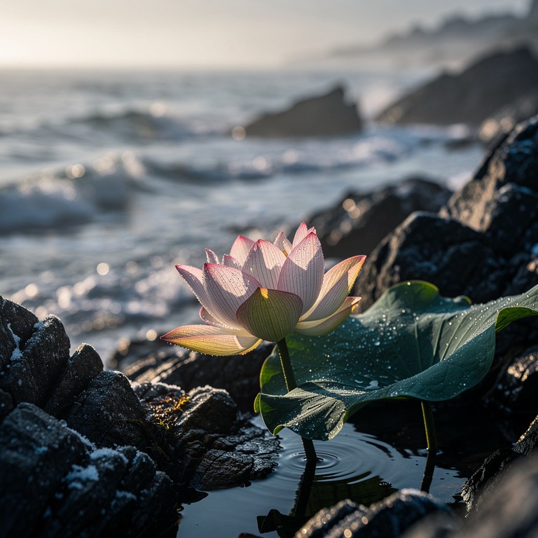 A close-up of a lotus flower blooming on a rocky shoreline, ... | ShopAyahuascaRetreats