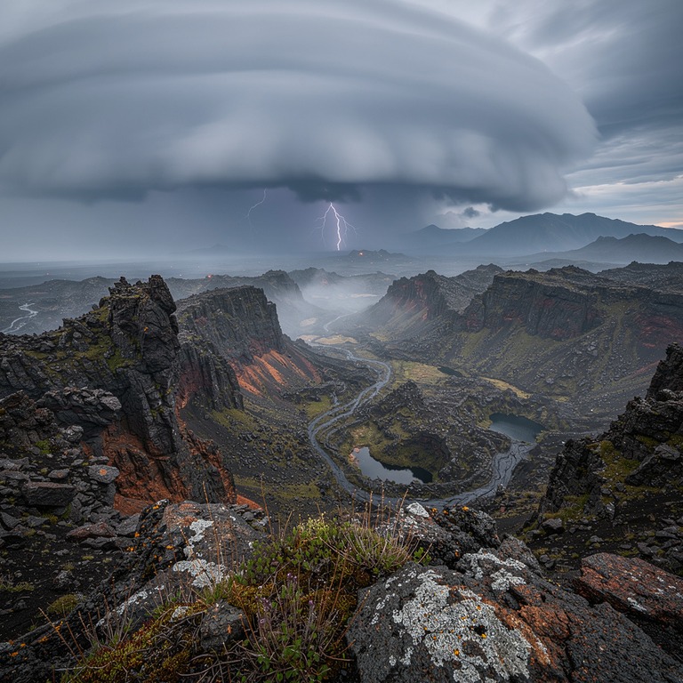 A dark and ominous storm cloud gathers over a rugged volcani... | ShopAyahuascaRetreats