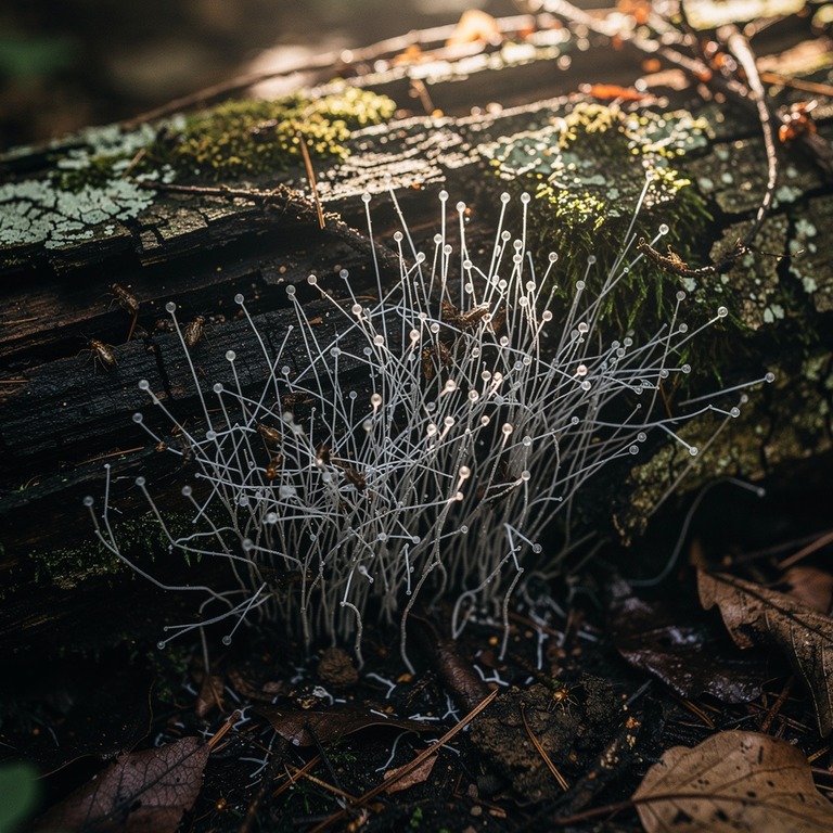 A delicate, dew-covered web of mycelium spreads across a rot... | ShopAyahuascaRetreats