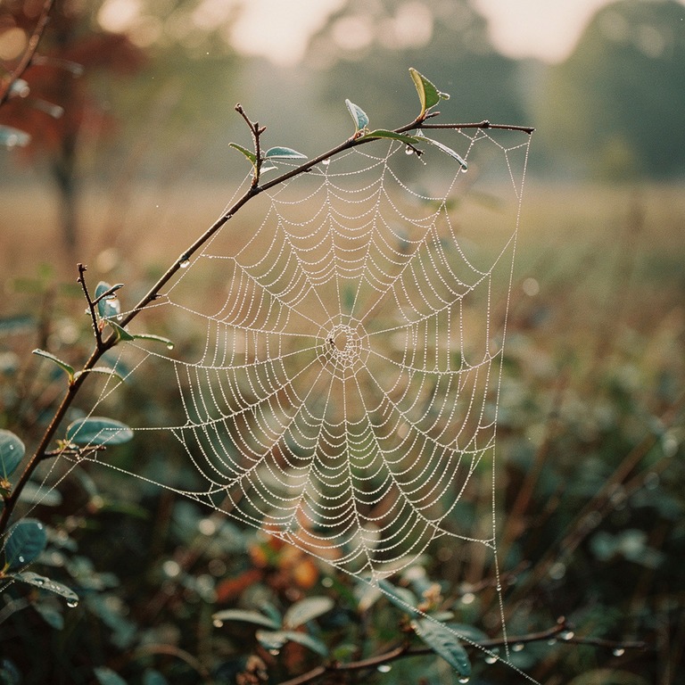 A delicate, dew-kissed spider web clings to a branch, gliste... | ShopAyahuascaRetreats