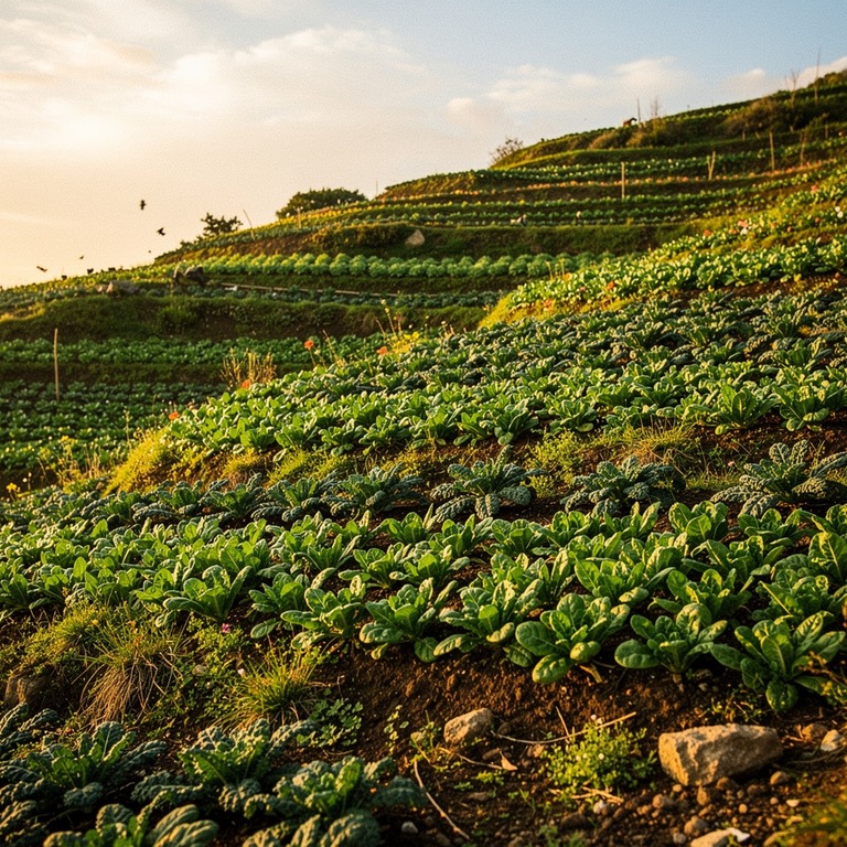A lush, green terraced hillside with rows of leafy kale and ... | ShopAyahuascaRetreats
