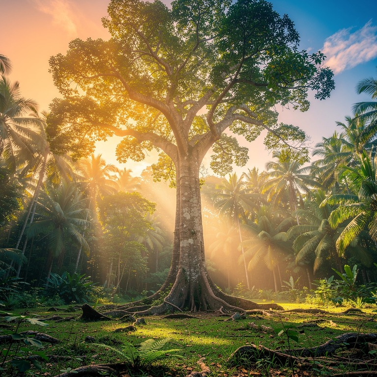 A massive ceiba tree stands tall in a clearing, its branches... | ShopAyahuascaRetreats