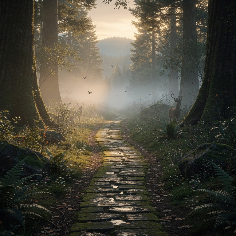 A narrow, winding stone path disappears into a thick, misty ... | ShopAyahuascaRetreats