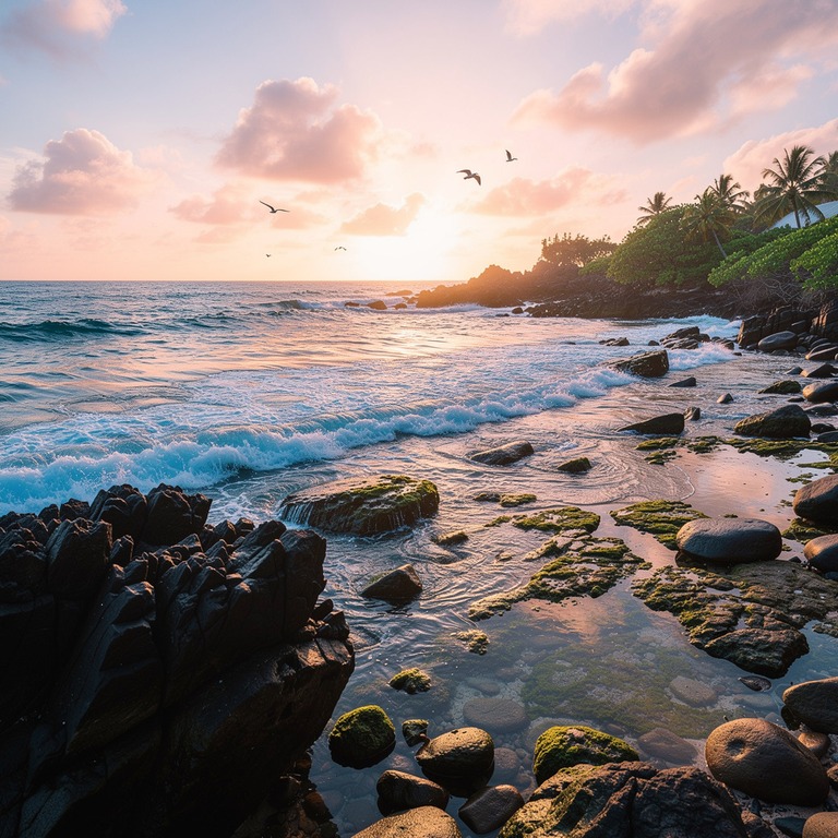 A rocky shoreline at dawn, with gentle waves caressing the s... | ShopAyahuascaRetreats