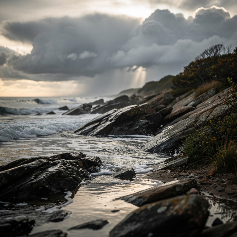 A rugged, rocky shoreline at dawn, with intense storm clouds... | ShopAyahuascaRetreats