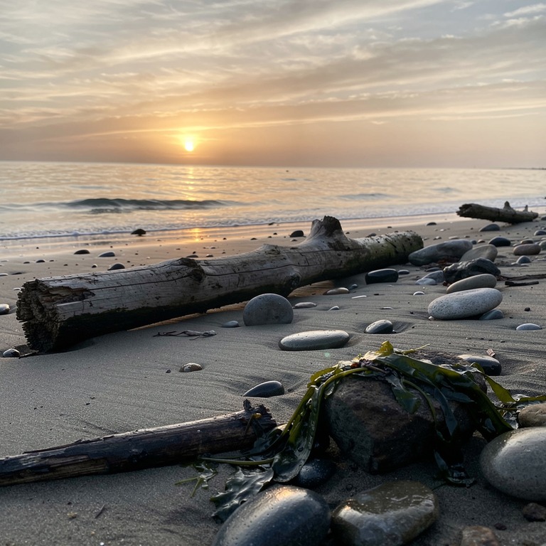 A sandy shore at low tide, with beach stones and driftwood s... | ShopAyahuascaRetreats