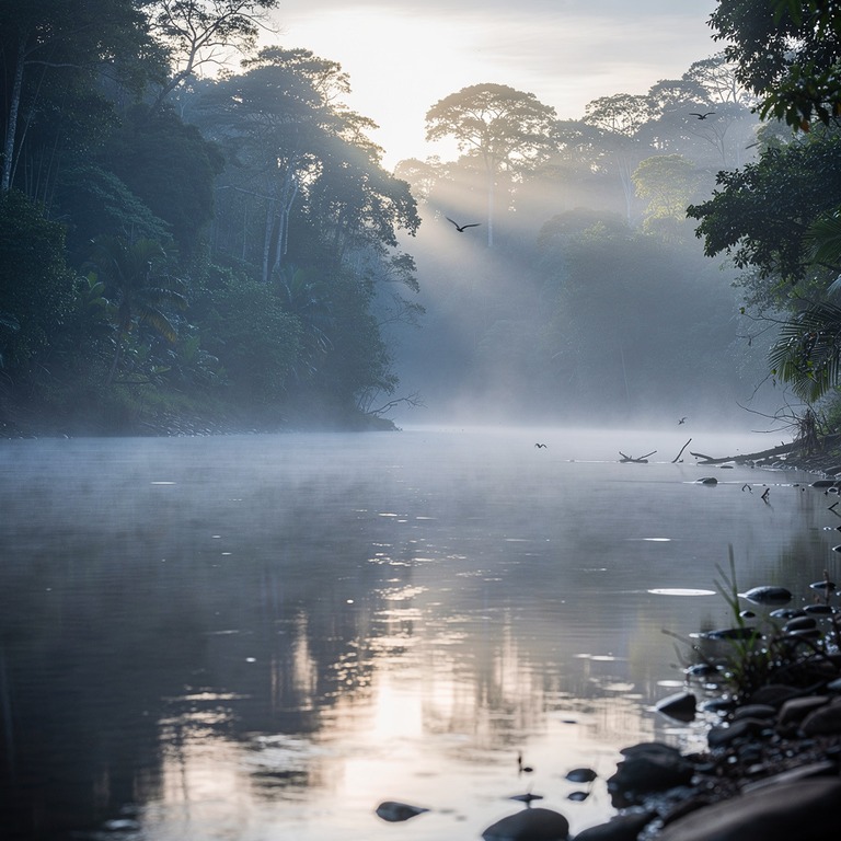 A serene Amazonian river at dawn, with a gentle mist rising ... | ShopAyahuascaRetreats