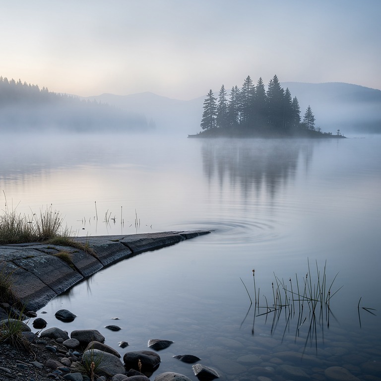 A serene lake at dawn, with mist rising from the water's sur... | ShopAyahuascaRetreats