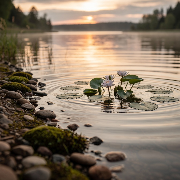 A serene lake shore at sunset with water lilies and a few ri... | ShopAyahuascaRetreats
