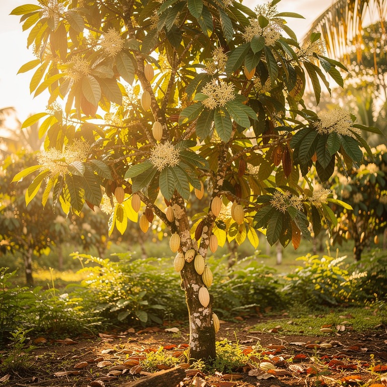 A serene landscape of a cacao tree in bloom, set against a w... | ShopAyahuascaRetreats