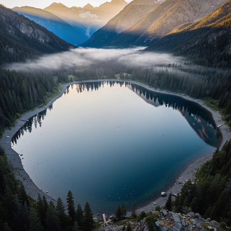 A serene mountain lake at dawn, reflecting the surrounding t... | ShopAyahuascaRetreats