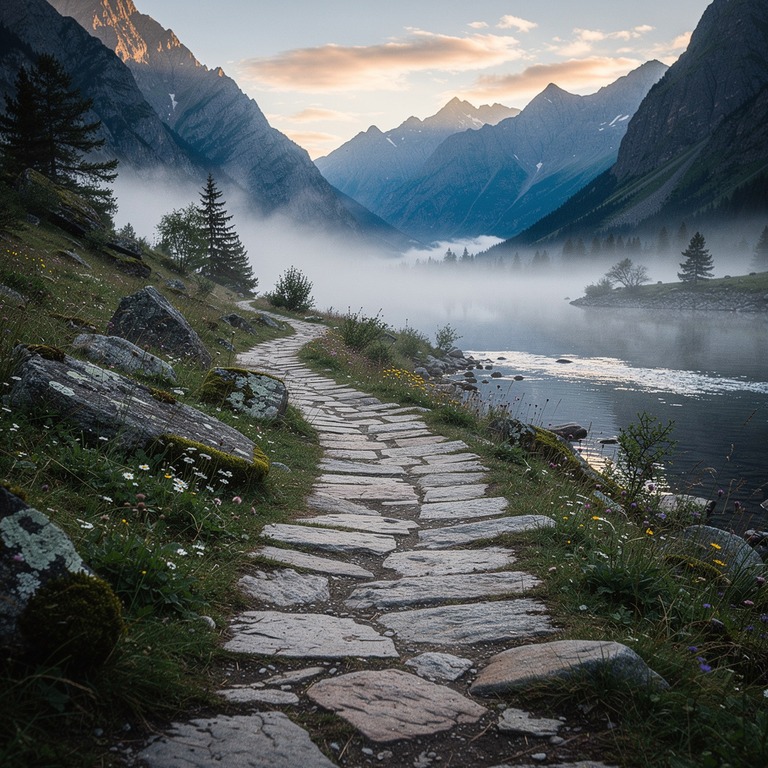 A serene mountain valley at dawn, with misty fog lifting to ... | ShopAyahuascaRetreats