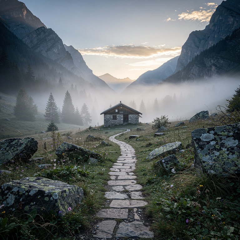 A serene mountain valley at dawn, with misty fog rolling in ... | ShopAyahuascaRetreats