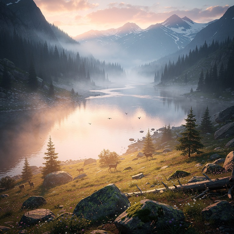 A serene mountain valley at dawn, with misty fog rolling in ... | ShopAyahuascaRetreats