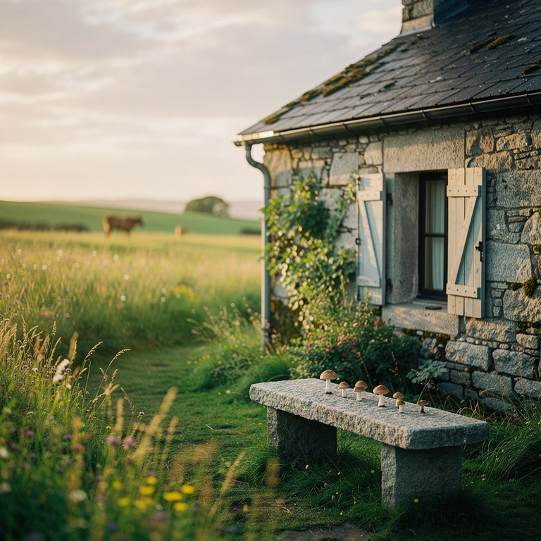A serene stone cottage set amidst a lush green meadow under ... | ShopAyahuascaRetreats