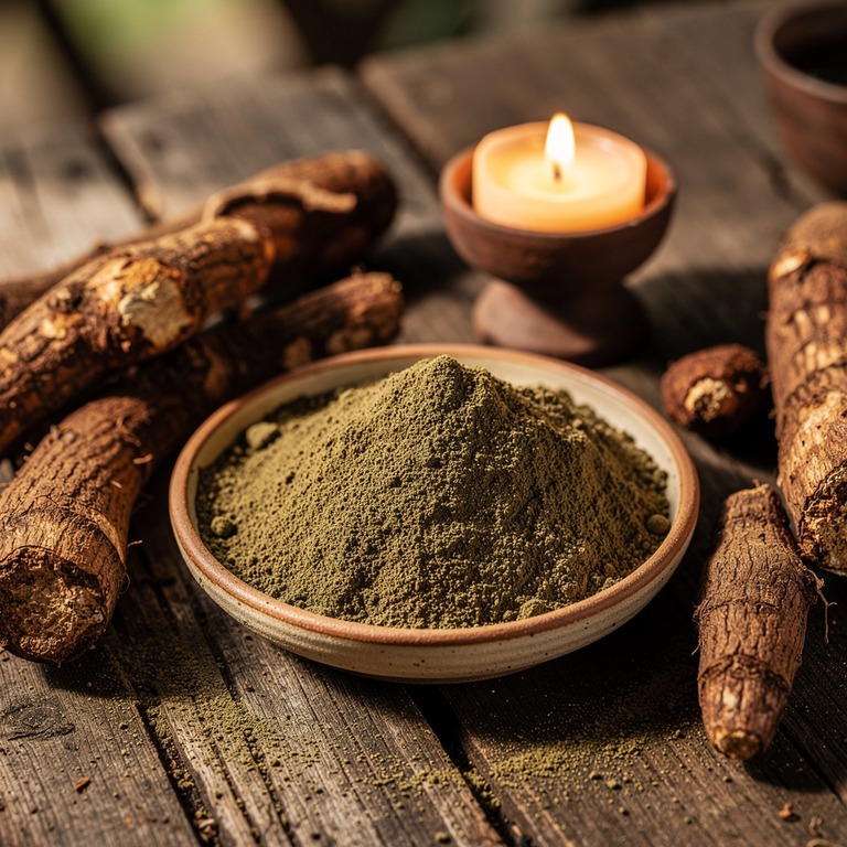 A shallow dish of dried kava powder, arranged on a weathered... | ShopAyahuascaRetreats