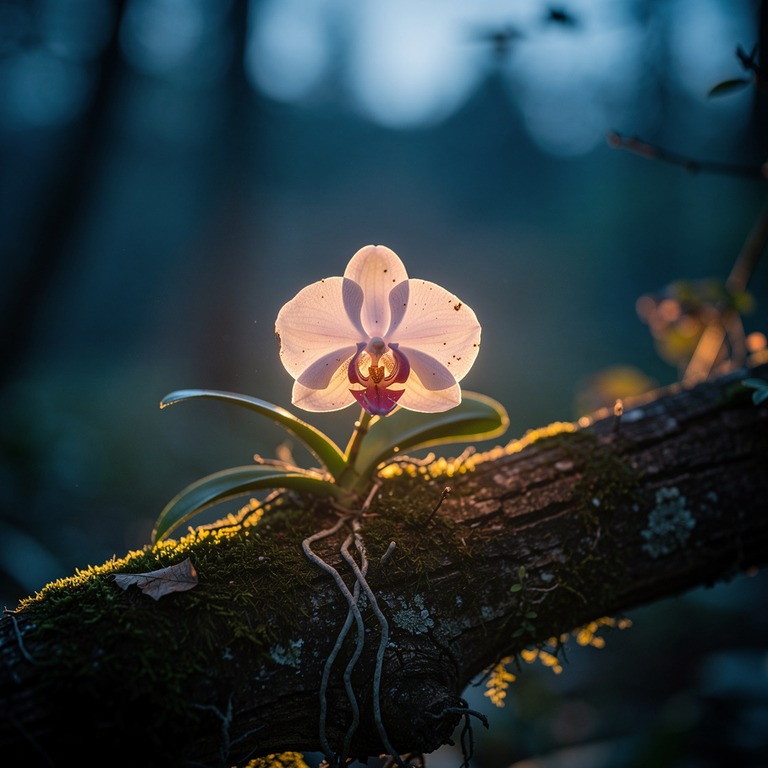 A single, delicate orchid blooms on a tree branch, backlit b... | ShopAyahuascaRetreats
