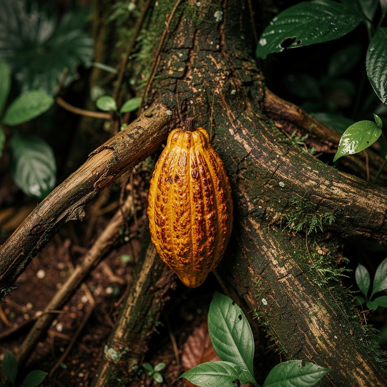A single, dew-kissed cacao pod lies on a large, ancient tree... | ShopAyahuascaRetreats