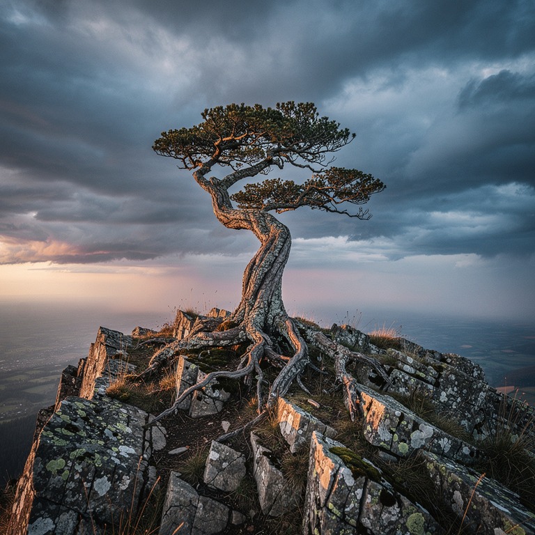 A solitary, ancient, twisted tree stands atop a rugged, rock... | ShopAyahuascaRetreats