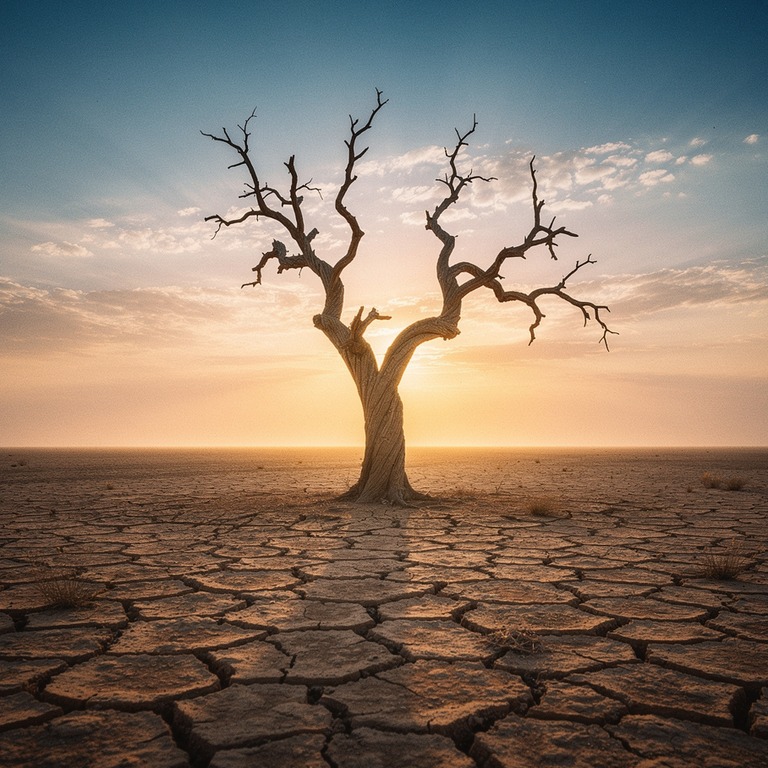 A solitary, gnarled tree grows out of a barren, cracked eart... | ShopAyahuascaRetreats