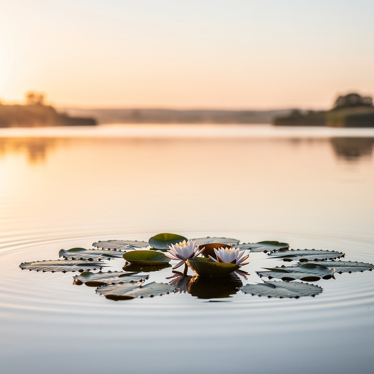 A tranquil lake at sunset, with a few water lilies floating ... | ShopAyahuascaRetreats