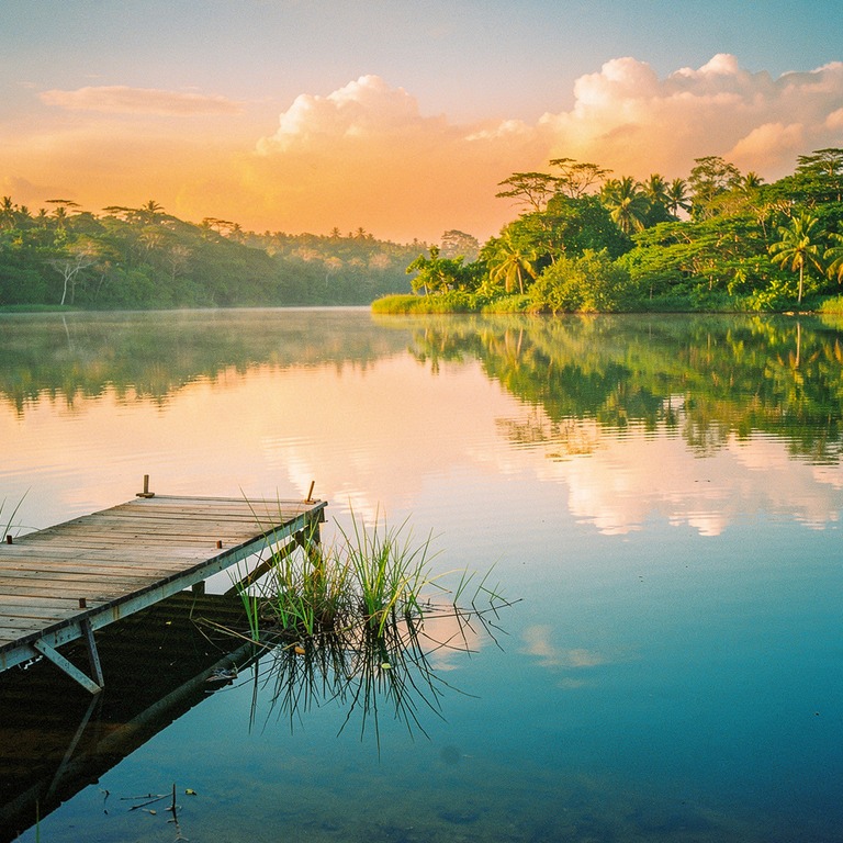A tranquil lake shore at sunset, with a small wooden dock an... | ShopAyahuascaRetreats