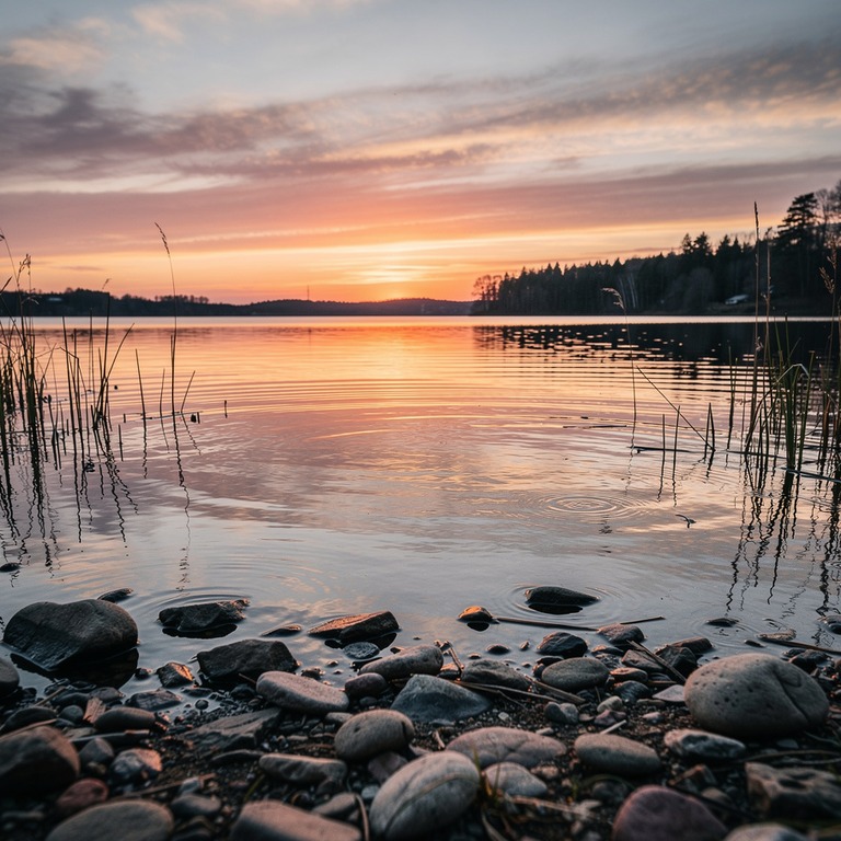 A tranquil lake shore at sunset, with calm waters reflecting... | ShopAyahuascaRetreats