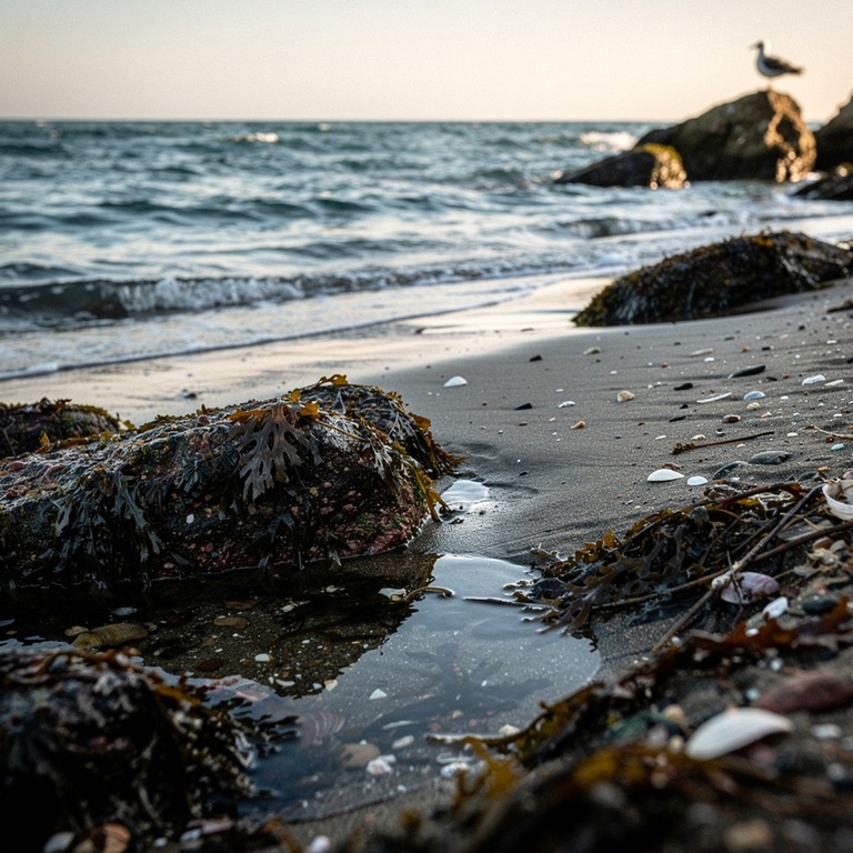 A tranquil ocean cove at low tide, with seaweed-covered rock... | ShopAyahuascaRetreats