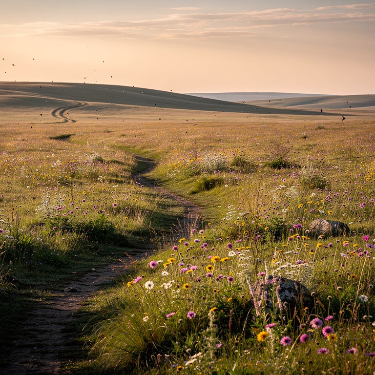 A vast, open meadow at sunrise with a variety of wildflowers... | ShopAyahuascaRetreats