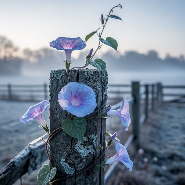 Delicate, dew-kissed morning glories climb up a rustic, wood... | ShopAyahuascaRetreats