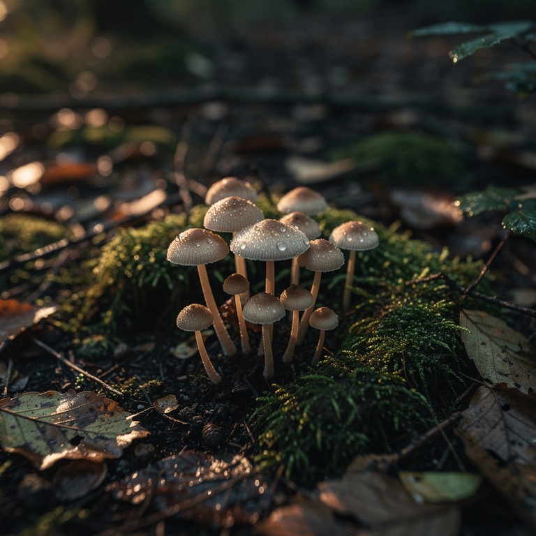 Delicate psilocybin mushrooms grow in a damp, mossy clearing... | ShopAyahuascaRetreats