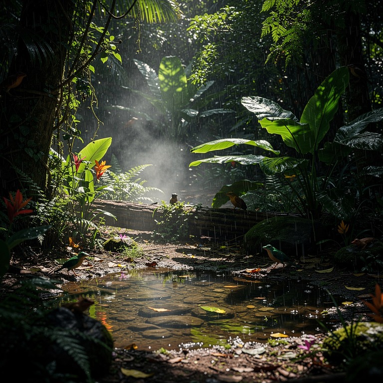 Jungle clearing after heavy rain, steam rising from leaf lit... | ShopAyahuascaRetreats