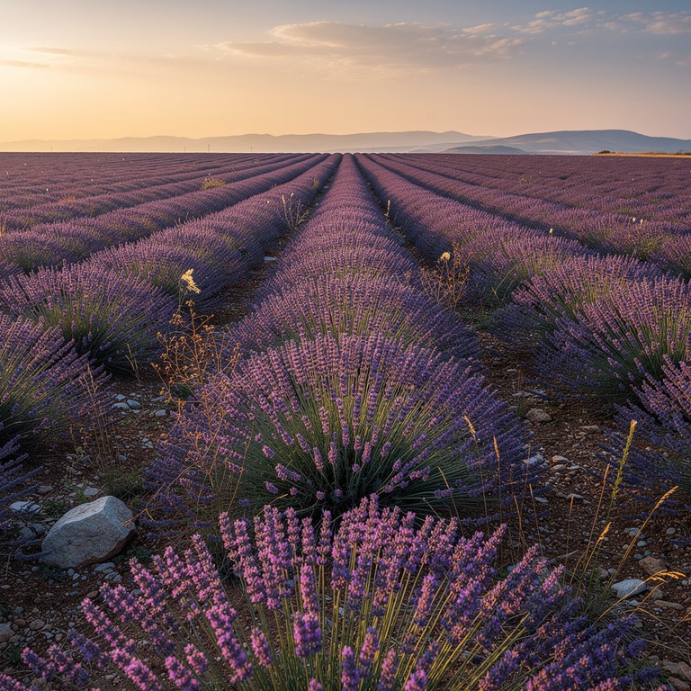 Lavender field at dusk, rows fading into soft purple haze | ShopAyahuascaRetreats