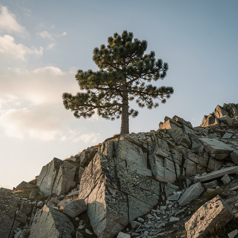 Lone pine tree silhouetted on a rocky mountain crest | ShopAyahuascaRetreats