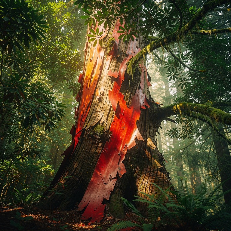 Madrone tree with peeling red bark in dense forest | ShopAyahuascaRetreats