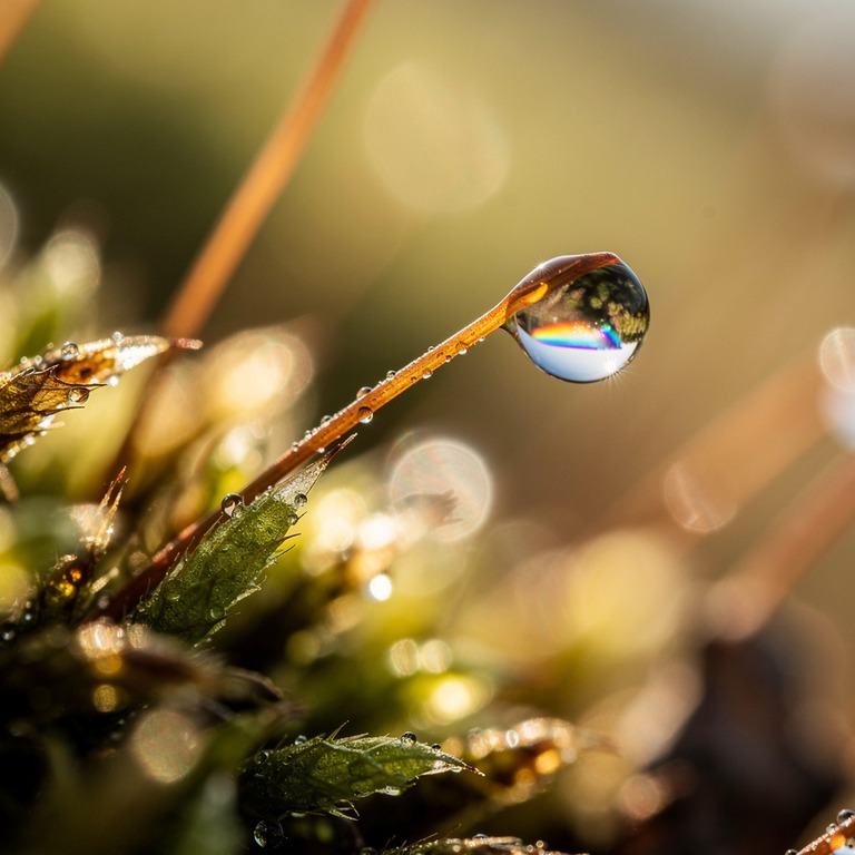 Single drop of dew on a moss tip, refracted rainbow inside | ShopAyahuascaRetreats