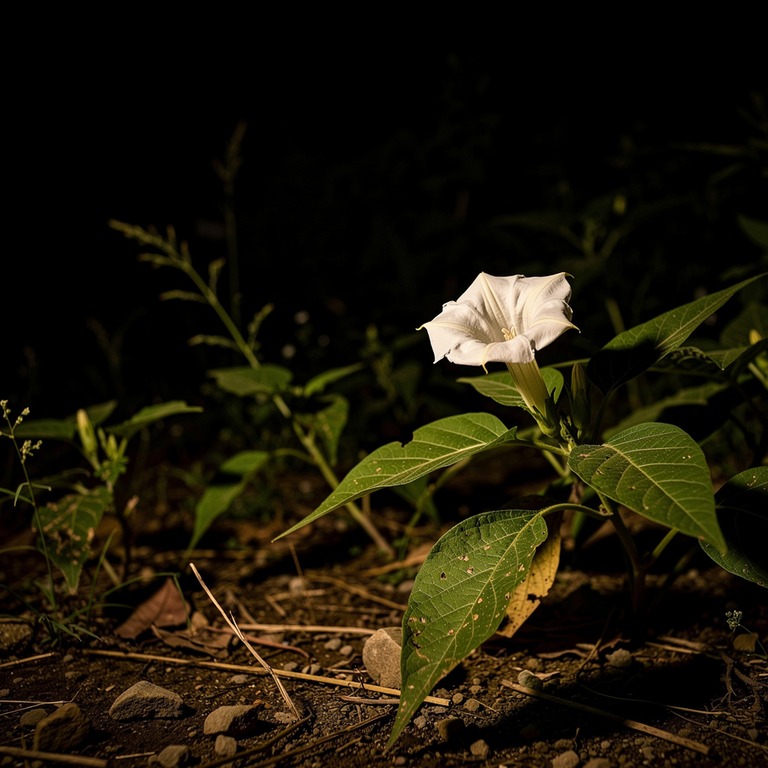 Single white datura flower at night, deep black around it | ShopAyahuascaRetreats