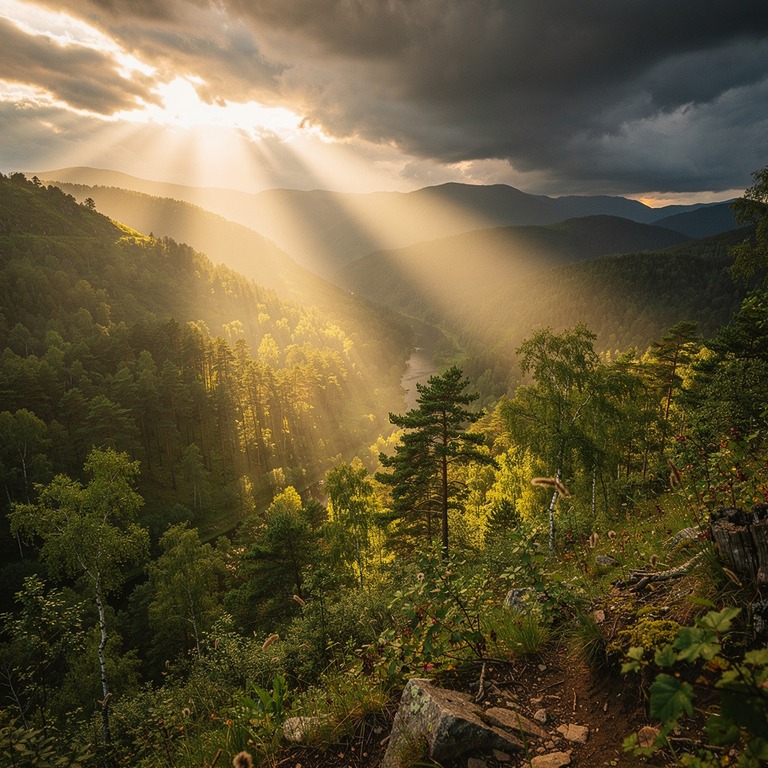 Sun shafts breaking through storm clouds over a forested val... | ShopAyahuascaRetreats