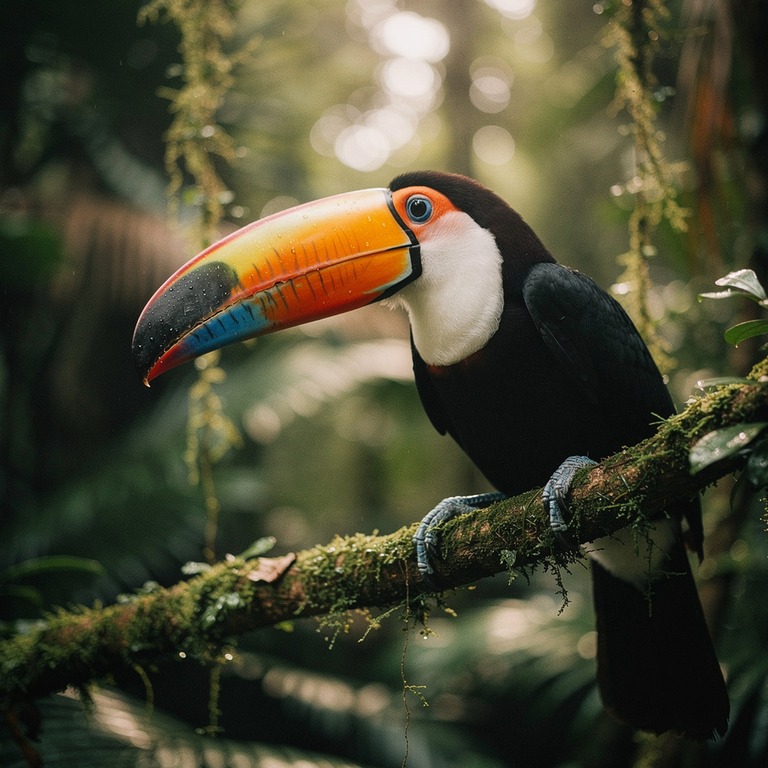 Toucan perched on a moss-covered branch, vivid bill in profi... | ShopAyahuascaRetreats