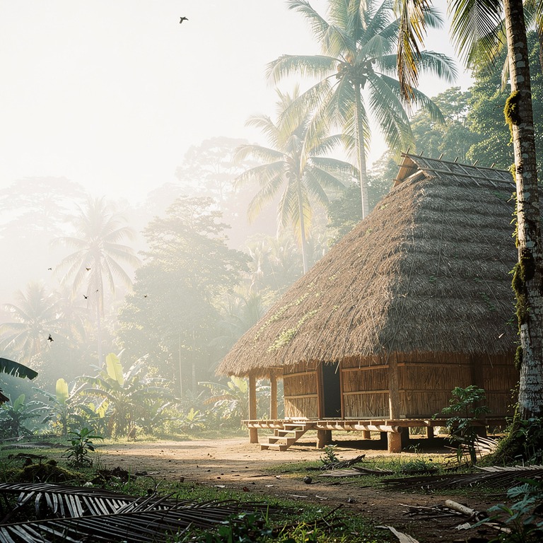 Traditional Amazonian maloca structure framed by towering pa... | ShopAyahuascaRetreats