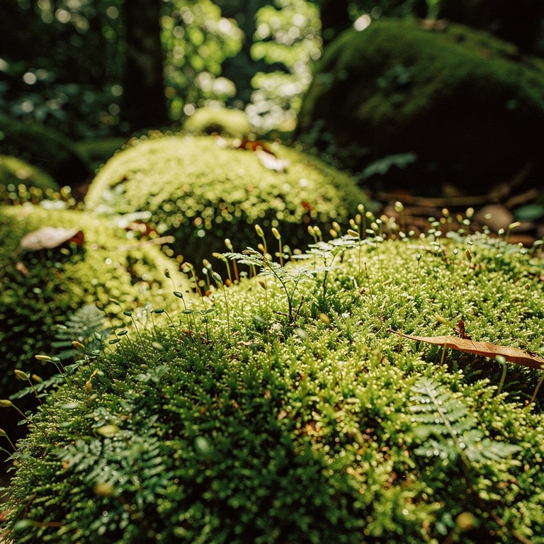 Vivid green moss carpet on rainforest boulders, dappled sun | ShopAyahuascaRetreats