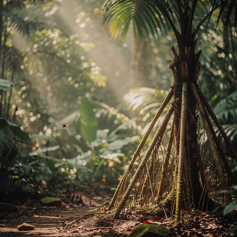 Walking palm tree with stilted exposed roots, low jungle lig... | ShopAyahuascaRetreats