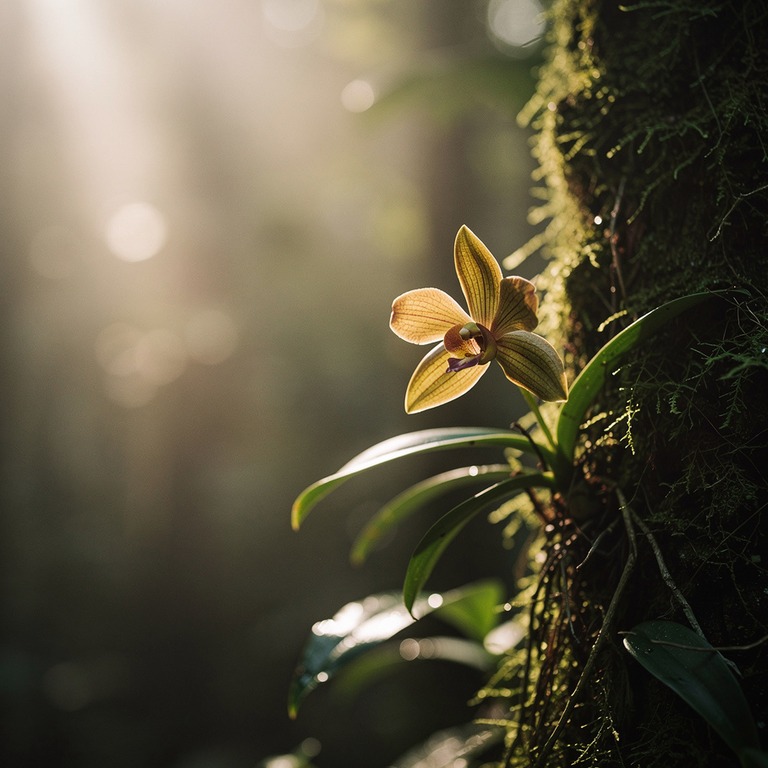 Wild orchid clinging to a moss-covered tree trunk, soft jung... | ShopAyahuascaRetreats