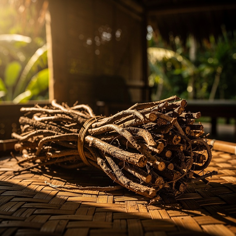 A bundle of dried ayahuasca vines lies on a woven bamboo mat... | ShopAyahuascaRetreats