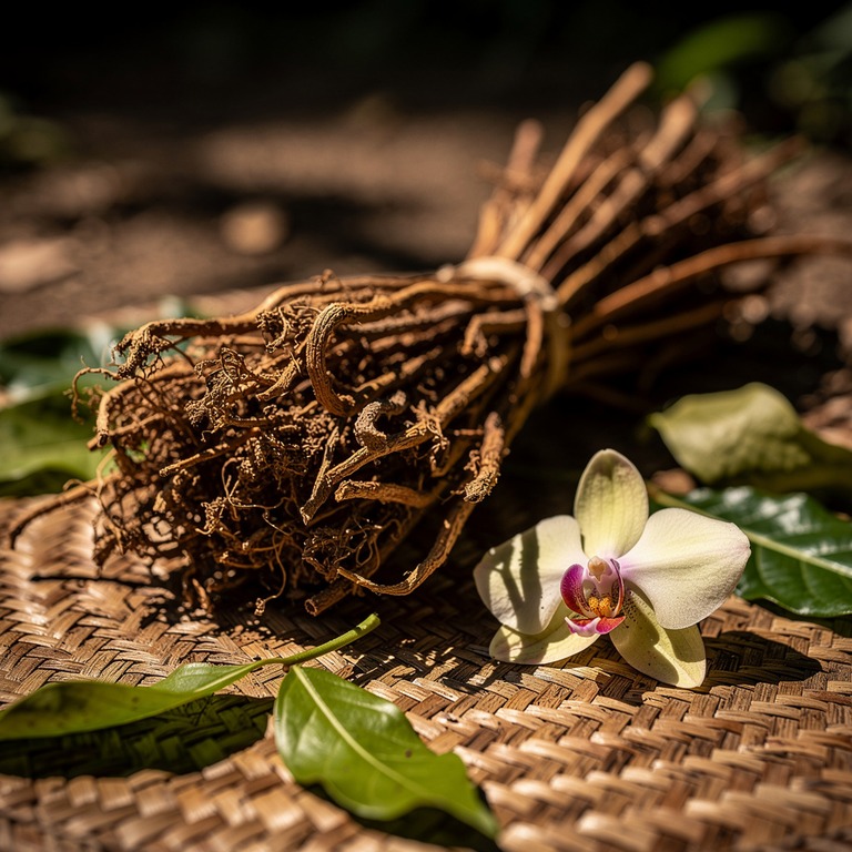 A bundle of dried ayahuasca vines rests on a natural fiber m... | ShopAyahuascaRetreats