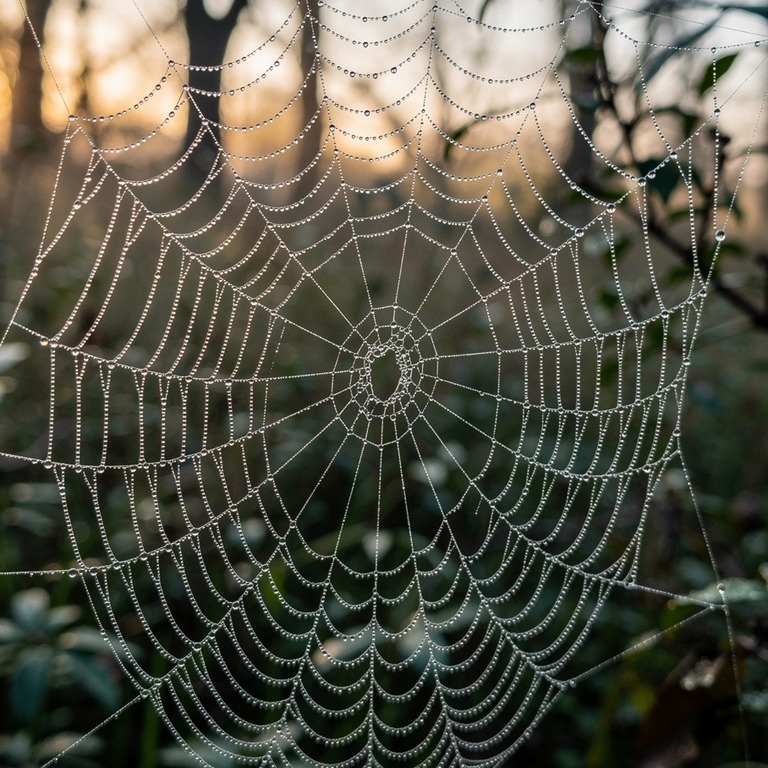 A close-up of a dew-kissed spider web, with delicate droplet... | ShopAyahuascaRetreats