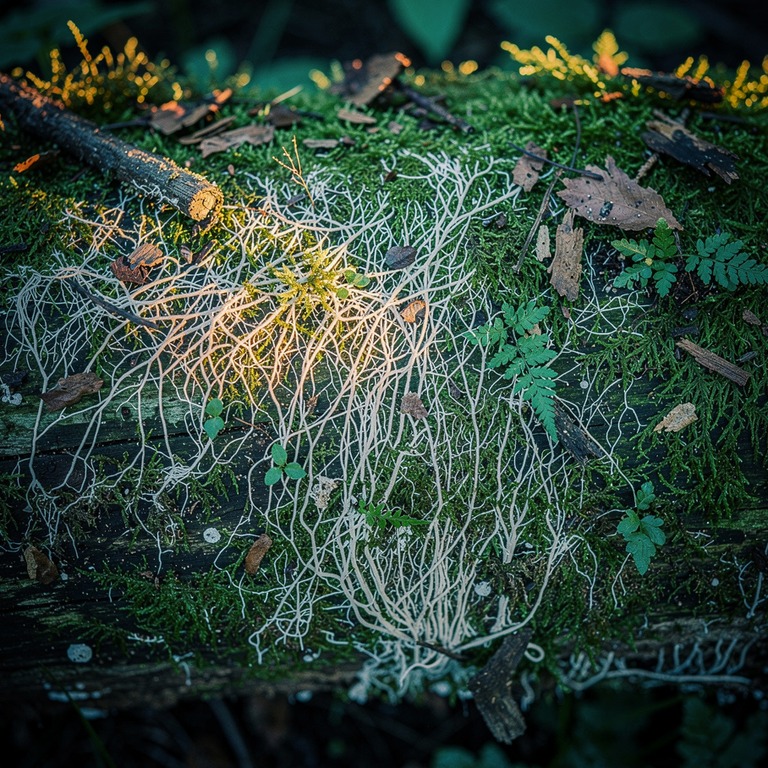 A close-up of mycelium growing on a moss-covered log, with d... | ShopAyahuascaRetreats
