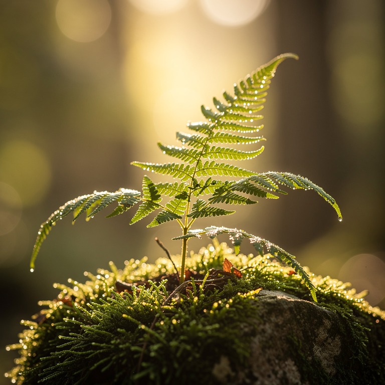 A delicate, backlit fern frond unfurls on a moss-covered sto... | ShopAyahuascaRetreats